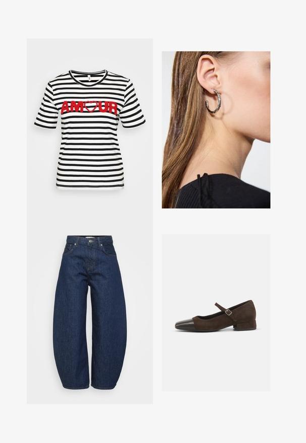 Ribade puuvillane T-särk, millel on mustad ja valged horisontaalsed triibud, lühikesed varrukad ning selja peal punase tekstuuriga kiri "AMOUR" südamega.; Kõrge vöökohaga tumesinised denim püksid laia säärega, esine nupuga ja tõmblukuga sulgemine ning klassikaline viie tasku disain.; Pruun nubukist Mary Jane sandaal musta lakknahaga varvaga, reguleeritava rihmaga ja madala plokknähtud kontsaga. Sile tekstuur ja minimaalsed aktsendid.; Hõbedane rõngas kõrvarõngas poleeritud viimistlusega, millel on väikesed kuldsed aktsendid ja ümmargune kuju, kantud lobus.