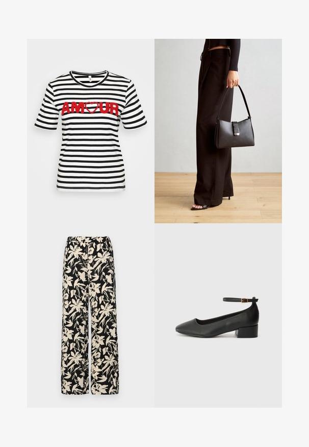 Ribade puuvillane T-särk, millel on mustad ja valged horisontaalsed triibud, lühikesed varrukad ning selja peal punase tekstuuriga kiri "AMOUR" südamega.; Mustad laiad püksid kreemja lillemustriga. Valmistatud kergest kangast, millel on sile tekstuur ja kõrge vöökoht.; Must mustaapp, millel on terav nina ja madal blokk-kand. Omab pahkluu rihma koos kuldse tooni pandlaga. Sile tekstuur.; Must musta kott, millel on struktureeritud kuju, sile tekstuur ja metallist klamber. Kombineeritud laiate mustade pükstega ja avatud varvaste sandaalidega puidust põrandal.