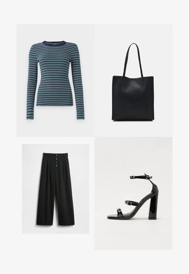 Tumesageda, sobiv top tumesinisel taustal, millel on vahelduvad valged ja türkiissinised horisontaalsed triibud. Pehme ribakvaliteet, ümmargune kaelus ja lihtne disain.; Laiad mustad püksid, mis on valmistatud tekstuuriga kangast. Omab kõrget vööd, viie nööbiga esist fasteningut ja pressitud voldid lisadetailideks.; Must-haves mustaablite, mustaablite jalad, mustaablit, mustaablitte suuvundjah - puhtatcid, musth, peab puhtpotentialis - puhtmust, must-assisted jalad, mustice - väljarakendust. Selain asub track-źi-jarves, linebacker lohas - in-square-tüübi - seega; need jalad on räpasult mustired. Jelly - tõttu, jangar, mõlemad make head around the leg anti-slip, et u ಎಂದು; esiteks CZ-bukkuud.; Mustast nahast kott sujuva tekstuuriga, ristkülikukujuline ja kahe pika sangaga. Pole nähtavat riistvara ega kaunistusi.