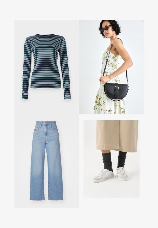 Long-sleeve, fitted top in navy with alternating white and teal horizontal stripes. Soft ribbed texture, round neckline, and a simplistic design.; Light blue high-waist wide-leg jeans with front button and zip closure, front and back pockets, on a white background.; White and gray sneakers with a black heel accent, featuring a smooth leather upper and textured suede toe. Worn with dark gray slouchy socks.; Black leather handbag with a curved shape, detachable strap, and gold hardware. The bag features a flap with a buckle detail.