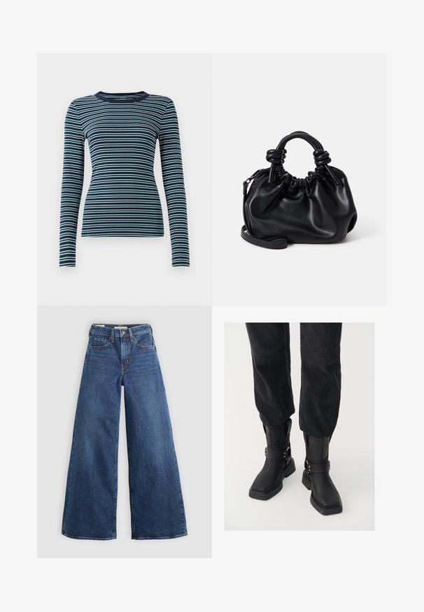 Garšām piedurknēm, pieguļošs tops tumši zilā krāsā ar maiņām baltiem un tirkīza horizontāliem svītrām. Mīksta ribota tekstūra, apaļa kakla izgriezums un vienkāršs dizains.; Platas kājas zilo džinsu bikses ar piecām kabatām, pogu aizdari un kontrastējošu šuvumu, ar mīkstu un teksturētu apdari.; Melnas ādas potīšu zābaki ar kvadrātveida purngalu, ar plašu jostu un metāla sprādzi. Zābakiem ir masīva zole un gluda virsma.; Melna ādas rokassoma ar savilkuma dizainu, īsām noapaļotām rokturiem un izolajamu plecu siksnu. Gluda tekstūra ar mīkstu siluetu.