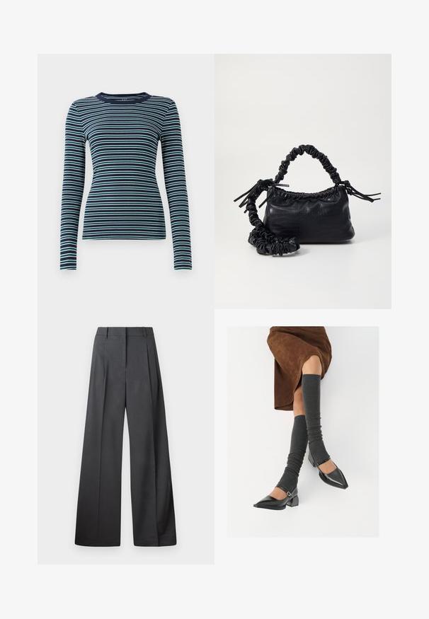 Maglietta a manica lunga e aderente in blu navy con strisce orizzontali alternate bianche e teal. Morbido tessuto a coste, scollatura rotonda e design semplice.; Pantaloni a gamba larga in tessuto grigio scuro, con vita alta, pieghe singole e una texture liscia con una finitura pulita sui orli.; Scarpe nere in pelle verniciata con punta affilata, tacco a blocco e cinturino alla caviglia, abbinate a scaldamuscoli grigi a coste e una gonna in suede marrone.; Borsa a tracolla in ecopelle nera con texture a coccodrillo, apertura cinchata e tracolla arricciata. Si presenta con un design morbido e compatto.