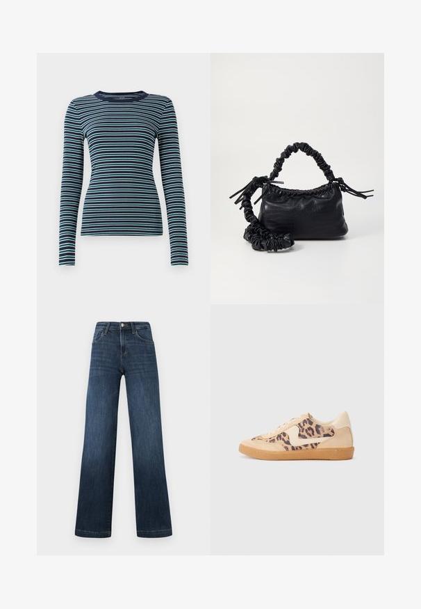 Langärmliges, eng anliegendes Oberteil in Marineblau mit abwechselnden weißen und türkisfarbenen horizontalen Streifen. Weicher gerippter Stoff, runder Ausschnitt und ein schlichtes Design.; Dunkelblaue Denim-Jeans im weiten Bein-Design, ausgestattet mit fünf Taschen und einer Vorderknopf-Verschluss. Glatte Textur und klassische Nähdetails.; Löwenmuster-Sneaker mit beige Wildleder-Obermaterial, tanfarbener Gummisohle und weißen Akzenten. Runde Zehenform und Schnürdesign mit strukturiertem Finish.; Schwarze Handtasche aus Kunstleder mit Krokodilstruktur, gerafftem oberen Teil und einem geschoppten Tragegurt. Sie wirkt weich und kompakt im Design.