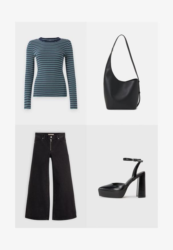 Long-sleeve, fitted top in navy with alternating white and teal horizontal stripes. Soft ribbed texture, round neckline, and a simplistic design.; Wide-leg jeans in black denim with a zippered front, five-pocket design, and subtle stitching details. Smooth texture and casual style.; Black platform heels with a pointed toe and adjustable ankle strap. Constructed from smooth leather, featuring a chunky block heel.; Black leather hobo bag with a smooth texture, curved shape, and single adjustable strap; features a wide opening at the top.