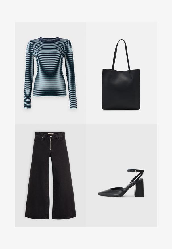 Dolgi rokav, prilegajoča majica v mornarsko modri barvi z izmeničnimi belimi in turkiznimi horizontalnimi črtami. Mehka rebrasta tekstura, okroglo izrezovanje in preprost dizajn.; Široke traperice iz črnega denima z zadrgo spredaj, petimi žepi in diskretnimi šivi. Gladka tekstura in ležeren slog.; Črne usnjene klasične čevlje z ostrim nosom, z zaponko za gleženj in debelim peto. Ravna tekstura, eleganten dizajn in minimalistična estetika.; Črna usnjena torba s svilnato teksturo, pravokotne oblike in dvema dolgima ročajema. Brez vidnih metalnih delov ali okrasnih elementov.