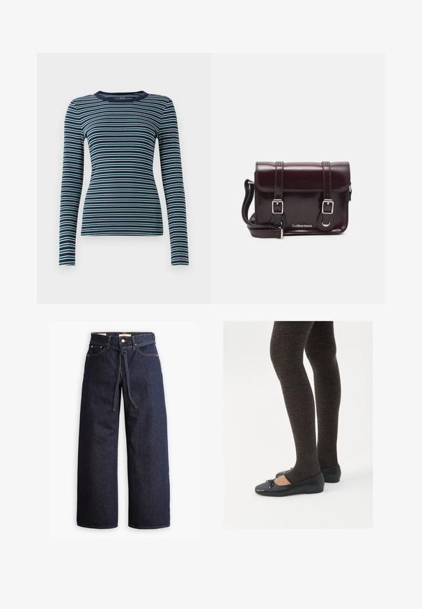 Dlouhý rukáv, přiléhavý top v námořnické modři s alternativními bílými a tyrkysovými vodorovnými pruhy. Měkce ribbovaný povrch, kulatý výstřih a jednoduchý design.; Široké tmavě modré džíny se zvýšeným pasem, opatřené stahovací šňůrou, pěti kapsami a kontrastním prošíváním.; Černé ploché boty s malou mašlí na špičce, kombinované s tmavě hnědými žebrovanými punčochami. Boty mají hladký povrch a nízký profil.; Burgundská lakovaná křížová taška obdélníkového tvaru, se dvěma popruhy, stříbrnými kovovými doplňky a klopovým uzávěrem.