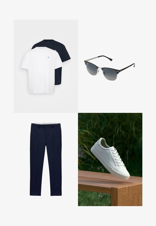 Dve tričká: jedno biele s malým modrým logom, druhé námornícke modré s zodpovedajúcim logom. Obe sú bavlnené, s okrúhlym výstrihom a krátkymi rukávmi.; Námornícke modré nohavice so slim fit strihom a prúžkovaným vzorom. Obsahujú zips, pútká na opasok a predné vrecká. Hladká textúra látky.; Biele šnurovacie tenisky sa vznášajú nad drevenou lavicou so zeleným porastom v pozadí, predvádzajúc design a textúru topánok.; Čierne a strieborné slnečné okuliare v tvare mačacích očí so stupňovými šošovkami a kovovými akcentmi na ráme. Plastové nožičky s šedými koncami.