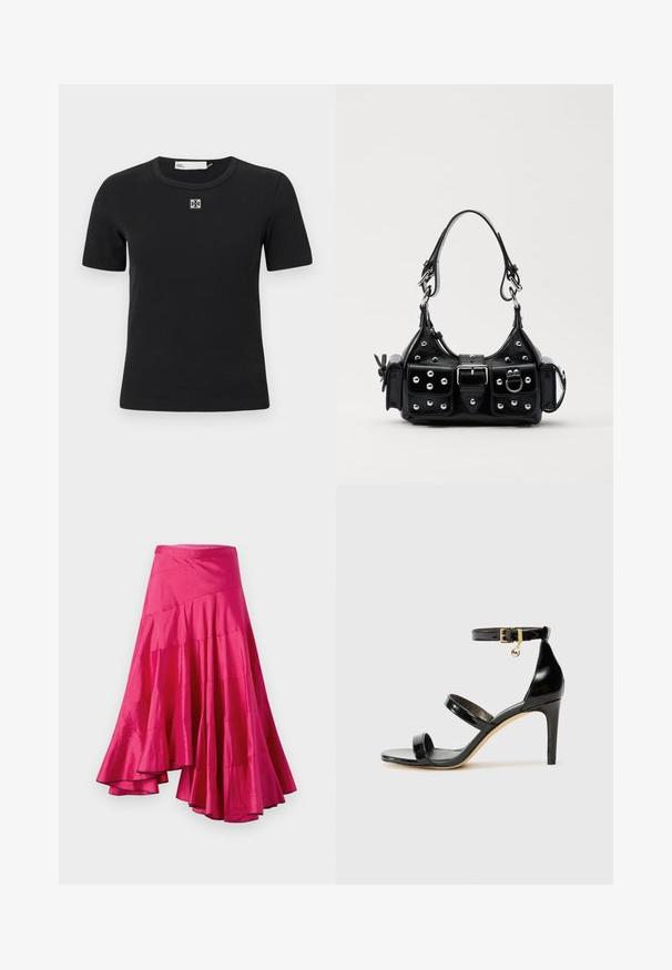 Čierne ribované tričko s krátkym rukávom, okrúhlym výstrihom a štvorecovým logom na hrudi. Mäkká textúra a priliehavý strih.; Magentová saténová sukňa s rozšíreným lemom, ktorá obsahuje vrstvené panely a asymetrický dizajn. Hladká textúra a sukňa strednej dĺžky.; Čierne lakované sandále s tromi pásikmi, spona na členku a 10 cm ihlovým podpätkom. Obsahujú zlaté detaily s hardwarem a logo prívesok.; Čierna kožená kabelka s zakriveným dizajnom, doplnená striebornými cvočkami, prackou a dvoma bočnými vreckami. Nastaviteľný popruh poskytuje rôzne možnosti nosenia.