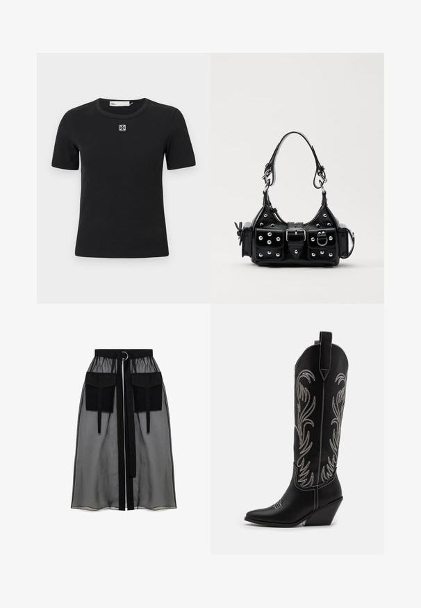 Čierne ribované tričko s krátkym rukávom, okrúhlym výstrihom a štvorecovým logom na hrudi. Mäkká textúra a priliehavý strih.; Čierna priesvitná sukňa s naťahovacím pásom, ktorá má dve veľké predné vrecká, opasok na viazanie a kruhový kovový akcent.; Čierne kožené kovbojské čižmy s špicatými prstami, klinovými podpätkami a striebornými vyšívanými kvetinovými vzormi po celej dĺžke. Kontrastné šitie po celom povrchu.; Čierna kožená kabelka s zakriveným dizajnom, doplnená striebornými cvočkami, prackou a dvoma bočnými vreckami. Nastaviteľný popruh poskytuje rôzne možnosti nosenia.