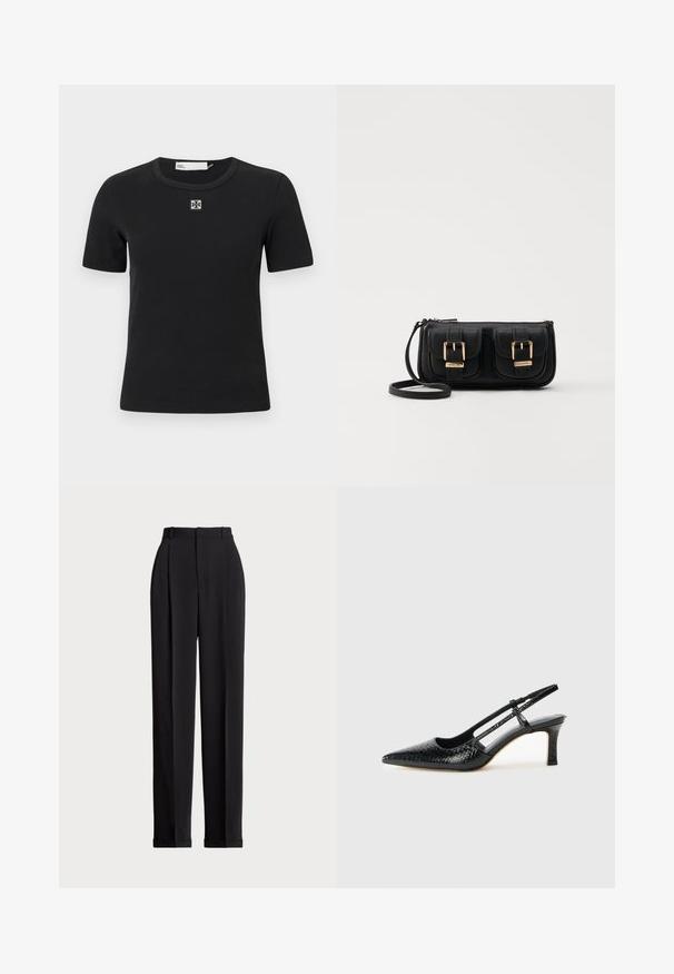 Svart ribbad t-shirt med kort ärm, rund halsringning och en fyrkantig logotypdetalj på bröstet. Mjuk textur och figursydd design.; Svarta skräddarsydda byxor med hög midja, med veck framtill, rak bendesign och uppvikte nederdelar. Tillverkade av ett slätt tyg.; Svart lackskin slingback-häl med spetsig tå, med texturerad ormskinnsprint, justerbar rem och en kort, texturerad blockklack.; Svart läderaxelväska med två framfickor, guldspännen, dragkedjestängning och en smal rem. Texturerad yta och kompakt rektangulär form.