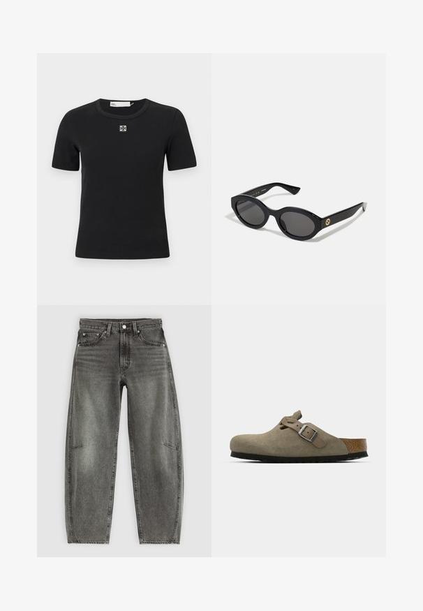 Tricou scurt, negru, cu mânecă scurtă, guler rotund și detaliu logo pătrat pe piept. Textură moale și design ajustat.; Jeans din denim gri cu talie înaltă, spălate, cu cinci buzunare, închidere cu nasture și croială relaxată drept.; Saboturi din suede de culoare verde măsliniu deschis, cu o talpă din plută și cauciuc modelată. Au o curea laterală cu o cataramă metalică și un vârf rotund.; Ochelari de soare ovali negri cu lentile întunecate și ramă din plastic lucios. Prezintă un logo aurit pe bradă, oferind un design elegant și modern.; Geantă de mână din piele neagră, cu o formă rectangulară structurată. Are un capac oval auriu și o curea subțire pentru umăr. Textură netedă.