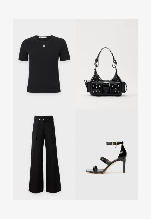 Čierne ribované tričko s krátkym rukávom, okrúhlym výstrihom a štvorecovým logom na hrudi. Mäkká textúra a priliehavý strih.; Čierne široké nohavice s vysokým pásom, ktoré majú veľké bočné vrecká, dva predné gombíky a detaily v podobe slučiek. Vyrobené z pevnej tkaniny.; Čierne lakované sandále s tromi pásikmi, spona na členku a 10 cm ihlovým podpätkom. Obsahujú zlaté detaily s hardwarem a logo prívesok.; Čierna kožená kabelka s zakriveným dizajnom, doplnená striebornými cvočkami, prackou a dvoma bočnými vreckami. Nastaviteľný popruh poskytuje rôzne možnosti nosenia.