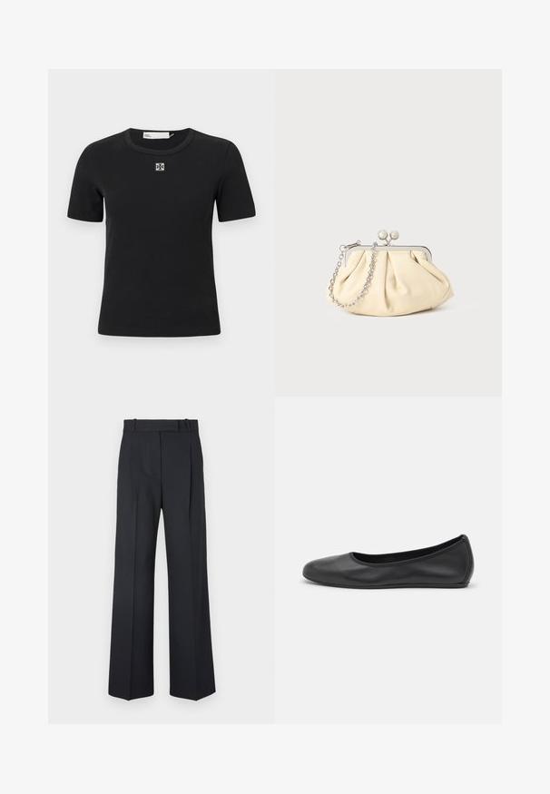 Black ribbed short-sleeve t-shirt with a round neckline and a square logo detail on the chest. Soft texture and fitted design.; Dark blue pinstriped trousers with a high waist, wide leg design, and no visible hardware or embellishments. Smooth texture and tailored fit.; Black leather ballet flat with a rounded toe, smooth texture, minimal stitching detail, and a flexible sole design.; Pleated beige leather clutch with a silver metal frame, featuring two round decorative clasps and a silver chain strap.