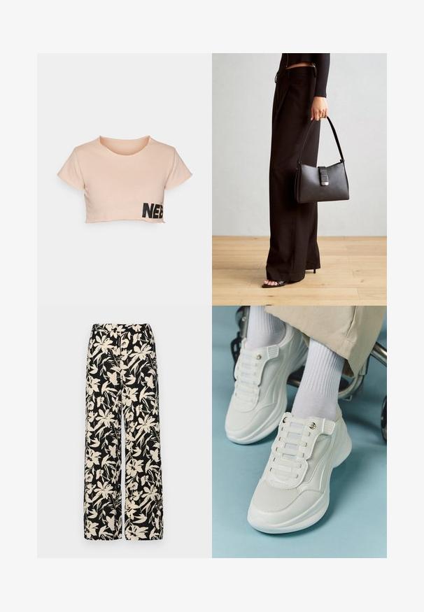 Šviesiai rožinė trumpa marškinėlių viršutinė dalis, pagaminta iš minkštos medvilnės. Turi trumpas rankoves ir juodą „NEB“ raštą apatinėje kairėje pusėje. Apvalus iškirpimas.; Juodos plačios kojos kelnės su grietinėlės spalvos gėlių raštu. Pagamintos iš lengvos medžiagos, pasižyminčios lygiapass viršutine tekstūra ir aukštu liemeniu.; Baltos sportbačiai su tinklelio medžiaga, guminiais padais, be raištelių dizainu su elastinėmis juostelėmis ir auksinėmis detalėmis.; Juodas rankinė struktūrizuota forma, lygi tekstūra ir metalinis užsegimas. Suporuota su plačiomis juodomis kelnėmis ir atvirais bateliais ant medinių grindų.