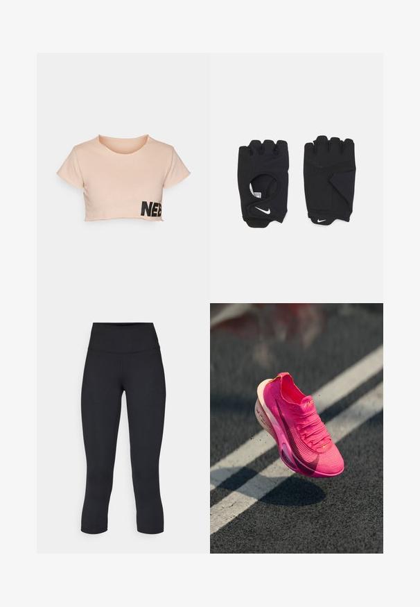 Hele roosa lühikeste varrukatega t-särk, mis on valmistatud pehmest puuvillast. Alumisel vasakul küljel on must "NEB" trükk. Ümar kaelus.; Mustad mustad õhukesed leggingud, mis on valmistatud venivast kangast, kõrge vöökoha ja siledaga, ilma nähtavate mustrite või metalldetailideta.; Erksingkatte heled roosas kudumaterjalist spordijalatsid, millel on tekstureeritud pind, võrgust ülemine osa ja valge vaheosa. Omab tume roosa sooki logo.; Mustad mustruu kindad, mis on valmistatud venivast materjalist, avatud peopesadega disainiga, grippimiskohtadega ja valge Nike logoga.