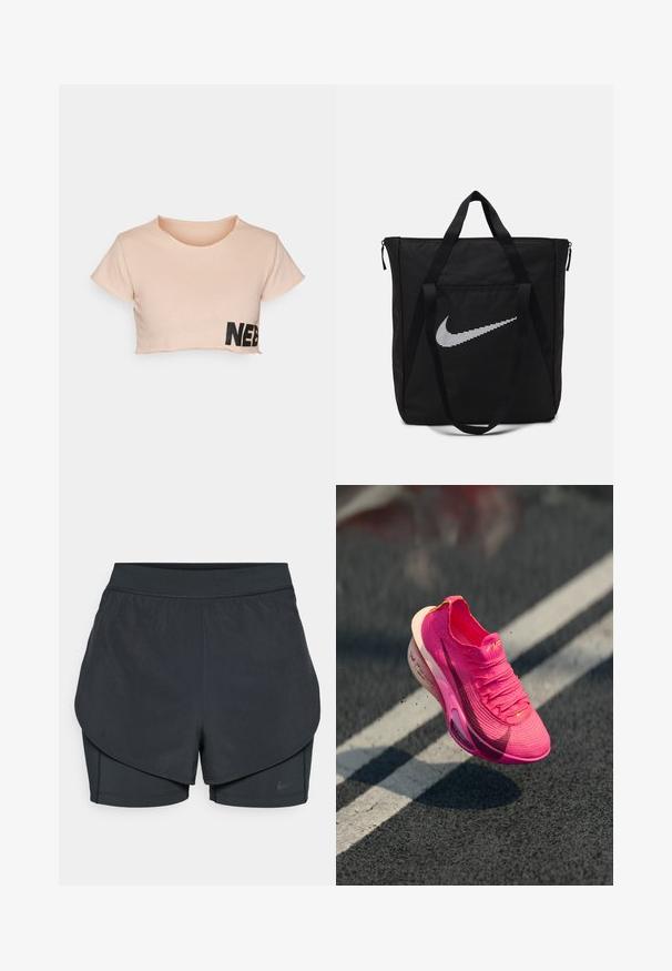 Tricou scurt de culoare roz pal, confecționat din bumbac moale. Are mâneci scurte și un imprimeu negru "NEB" pe partea stângă jos. Guler rotunjit.; Șorturi sportive negre cu un design stratificat, având o strat exterior neted și șorturi interioare ajustate. Fabricate dintr-un material ușor și elastic.; Adidași din material tricotat roz aprins, cu suprafață texturată, partea superioară din plasă și o talpă intermediară albă. Prezintă un logo swoosh de culoare roz închis.; Geantă tote din nailon negru, cu două mânere rezistente și închidere cu zip. Prezintă un logo alb Nike, proeminent, într-un design cu dungi orizontale.