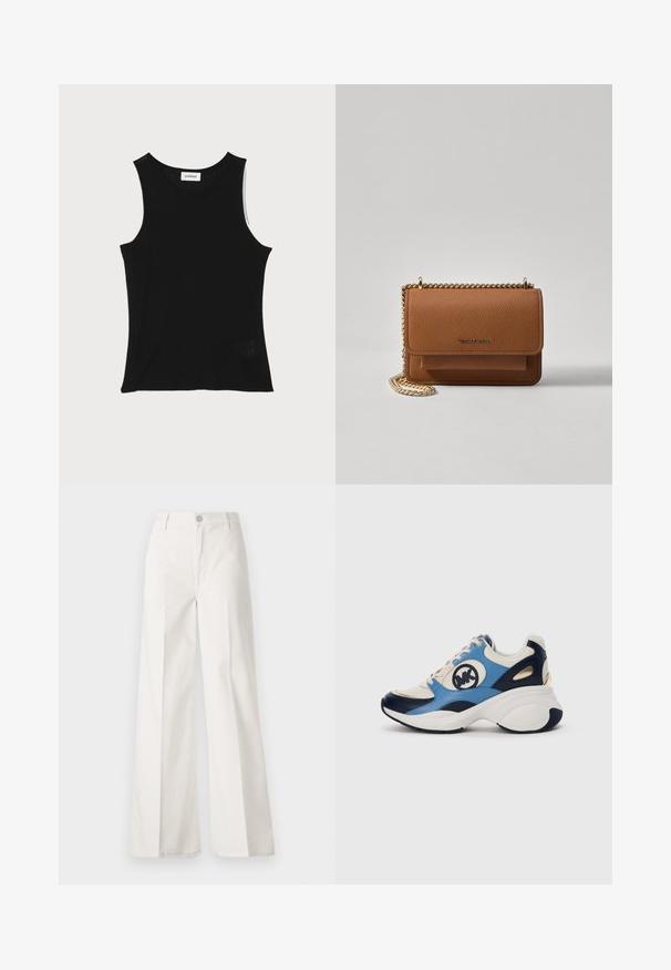 Camisola negra com riscas, com um decote redondo e alças largas, apresentando um acabamento texturizado subtil e um pequeno detalhe em malha na bainha.; Calças largas brancas feitas de algodão com uma textura suave. Apresenta um botão frontal, fecho de correr e um design de quatro bolsos.; Sapatilhas de camurça brancas, azuis-marinho e azuis claras com sola chunky e logótipo bordado circular ao lado.; Bolsa crossbody de couro texturizado castanho com alça de corrente dourada e fecho com aba. A parte da frente apresenta detalhe do logótipo e um bolso sob a aba.