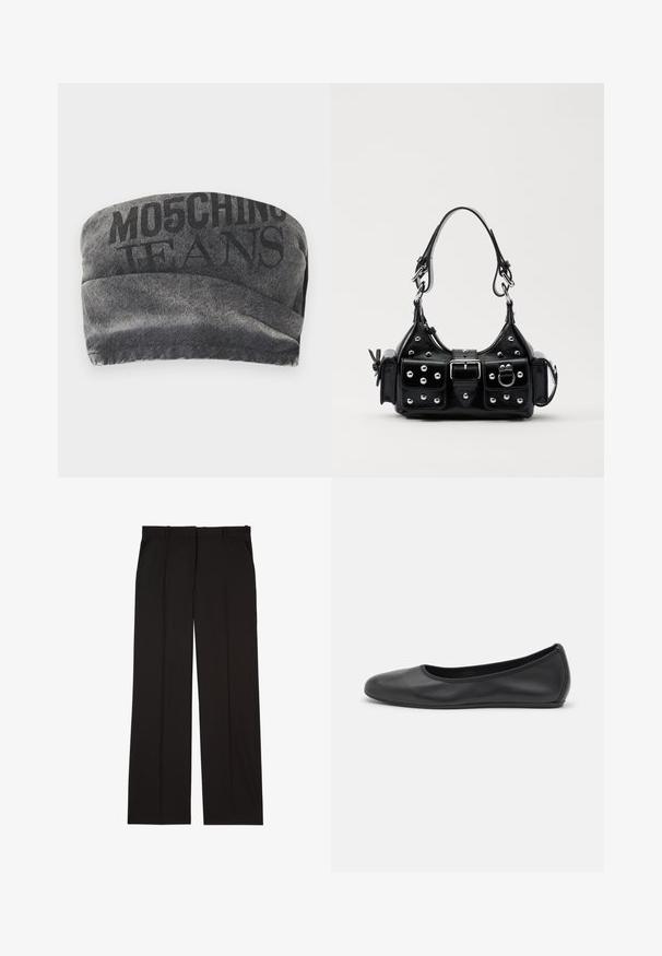 Svart denim bandeau med en strukturerad yta och tryckt "MO5CHING JEANS" i fet stil. Har en smidig kurvdesign och sydda kanter.; Svarta skräddarsydda byxor i ett slätt tyg, med rak benmodell och två sidofickor. Elegant och minimalistisk konstruktion.; Svart läderballerinaskor med rund tå, slät yta, minimala söm detaljer och en flexibel sula.; Svart läderhandväska med en kurvad design, prydd med silverfärgade nitar, ett spänne och två sidofickor. Justerbar rem för olika bäralternativ.