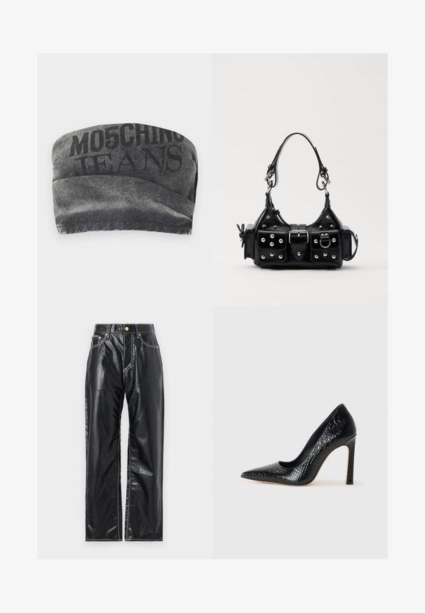 Bandeau de denim preto com um acabamento texturizado e impressão "MO5CHING JEANS" em negrito. Apresenta um design de curva suave e bordas cosidas.; Calças de imitação de pele pretas com corte de perna larga, apresentando costura branca, bolsos frontais e um botão dourado na cintura.; Sapato de salto alto de bico fino preto com textura de pele de crocodilo, apresentando um design elegante, salto agulha alto e interior preto suave.; Bolsa de couro preta com um design curvado, apresentando tachas prateadas, uma fivela e dois bolsos laterais. Alça ajustável para opções de transporte.
