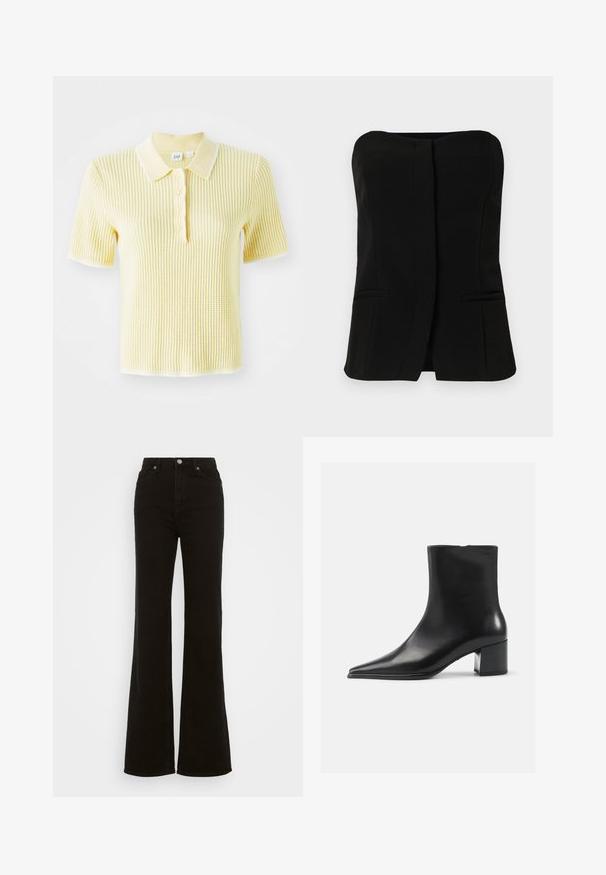 Geel geribbeld gebreid poloshirt met een contrasterende witte kraag en knoopsluiting. Korte mouwen en een gestructureerd oppervlak.; Zwarte mouwloze top met een rechte halslijn, een voorpand met knopen en twee verborgen zijzakken. Glad fabric met een getailleerd ontwerp.; Hoge taille zwarte flared jeans van denim, met een knoopsluiting, zijzakken en een gladde textuur.; Zwarte leren enkellaars met een spitse neus, een soepele textuur en een middenblokhak. Minimalistisch ontwerp, ritssluiting aan de achterkant.
