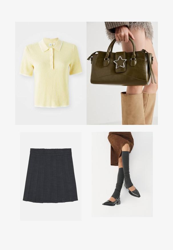 Polo shirt en tricot côtelé jaune avec un col blanc contrastant et une patte de boutonnage. Manches courtes et surface texturée.; Jupe plissée gris foncé avec une taille élastique, dotée d'un tissu texturé et d'une silhouette A-line classique. Convient pour une tenue décontractée.; Chaussures à bout pointu en cuir verni noir avec un talon bloc et une bride à la cheville, accompagnées de jambières en maille grise et d'une jupe en daim marron.; Sac à main en simili cuir vert olive avec accent étoilé argenté, deux poignées et fermeture éclair. Surface texturée et forme structurée.