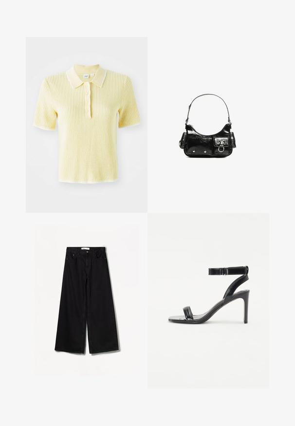 Žluté pletené polo tričko s pruhovaným vzorem a kontrastním bílým límečkem a knoflíkovou légou. Krátké rukávy a texturovaný povrch.; Bershka WIDE-LEG - Wide leg - black; Černé sandály na vysokém podpatku s lesklým povrchem, se dvěma štíhlými popruhy a popruhem kolem kotníku, umístěné na štíhlém stiletto podpatku.; Černá lakovaná kožená kabelka s křivkovým tvarem, jedním ramenním popruhem, předními kapsami a stříbrnými kovovými detaily.