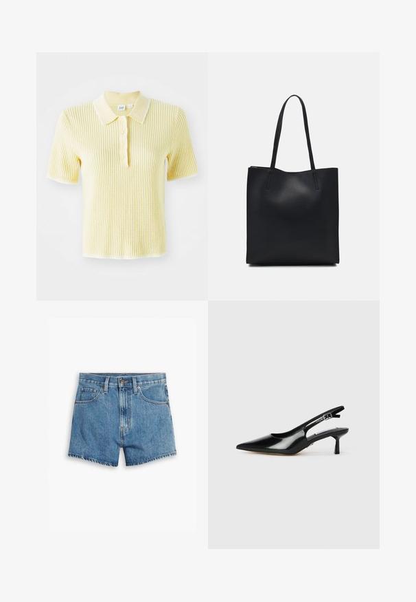 Gulstripet strikket polo skjorte med kontrasterende hvit krage og knappestolpe. Korte ermer og en teksturert overflate.; Lys blå denimshorts med fem lommer, glidelås og knappefeste. Bunnkanten er slitt med et avslappet passformdesign.; Sorte patent lær slingback hæle med spids tå, tynd hæl og justerbar spænde. Glat tekstur med minimal detaljer.; Svart lær tote bag med glatt tekstur, rektangulær form og to lange håndtak. Ingen synlige deler eller dekorasjoner.