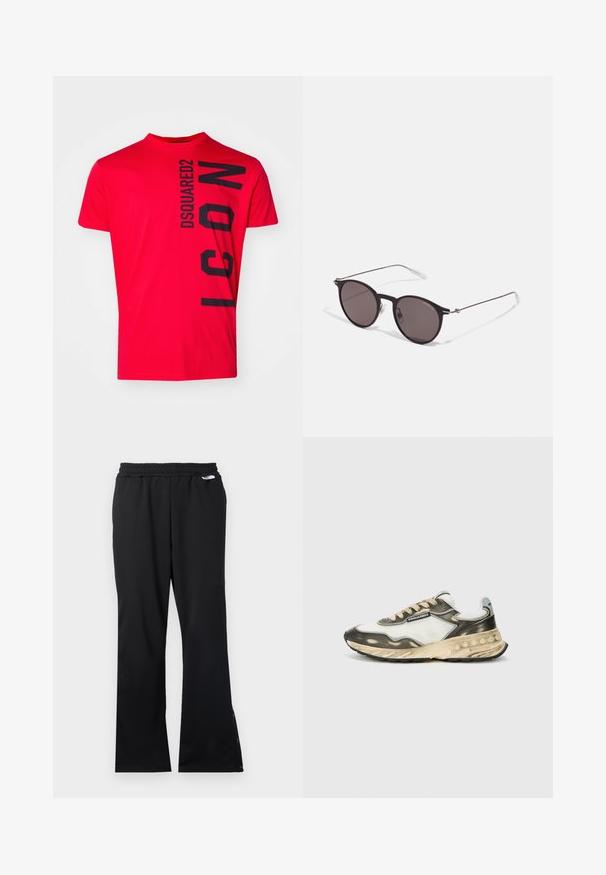 Punane puuvillane t-särk, millel on mustad vertikaalsed "DSQUARED2 ICON" tekstid. Lühikesed varrukad ja ümmargune kaelus sujuva tekstuuriga.; Mustad mustüdrukud, millel on tekstuuriga kangas, elastne vöökoht ja sääreosas nööbid reguleeritava sobivuse jaoks. Lame esiosa ja sirged sääred.; Jalgrattasportlane, millel on valgest riidest ja hallist nahast pealisosa, beežid paelad, must kummist tallad ning kihiline disain koos tekstuursete aksenditega.; Mustad mustad prillid tumedate läätsedega ja õhukeste metallist käepidemetega. Kaarja kujuga seljaosa ja hõbedased aktsendid hingel. Minimalistlik disain.