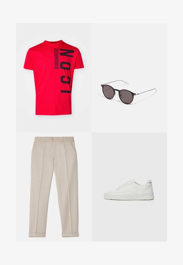 Red cotton t-shirt featuring black vertical "DSQUARED2 ICON" text. Short sleeves and a crew neckline with a smooth texture.; Filippa K TERRY CROPPED TROUSERS - Trousers - sage melange; White leather sneaker with a smooth finish, round toe, flat laces, and a textured sole. Features a subtle logo on the heel.; Black round sunglasses with dark lenses and slim metal arms. Includes clear temple tips and silver accents at the hinge. Minimalist design.