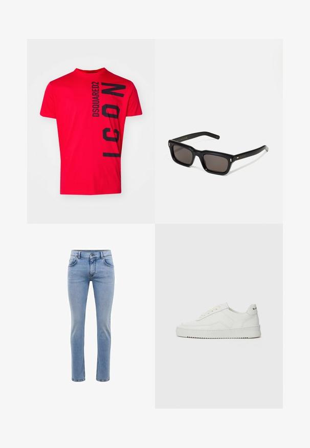 T-shirt in cotone rosso con testo verticale nero "DSQUARED2 ICON". Maniche corte e scollo rotondo con una texture liscia.; Jeans in denim blu chiaro con vestibilità slim, cinque tasche e design a gamba dritta. Presenta un'apertura con zip e passanti per cintura. Texture morbida.; Sneaker in pelle bianca con una finitura liscia, punta rotonda, lacci piatti e suola testurizzata. Presenta un logo discreto sul tallone.; Occhiali da sole neri rettangolari con lenti scure, montatura spessa in plastica, dettagli dorati sulle tempie e logo del marchio inciso sull'asta.