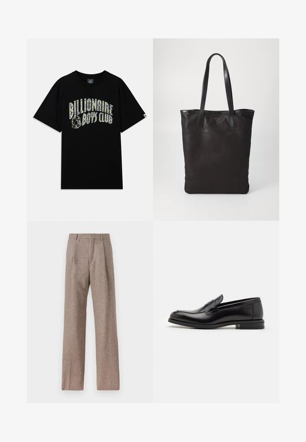 Juodas medvilnės marškinėliai trumpomis rankovėmis, ant kurių yra tekstas „Billionaire Boys Club“ baltos ir žalios spalvos grafiniu spaudiniu, įskaitant astronauto dizainą.; Rudos, aukšto liemens kelnes, pagamintas iš tekstūruotos medžiagos. Plati kojos, dvi priekinės klostės struktūrai. Tvarkingas apdailos darbai, be matomų detalių.; Juodos odinės loafers, turinčios lygų paviršių, apvalią noselę ir dekoratyvinę juostą per priekinę dalį. Žemas krentantis kulnas, minimalistinis dizainas.; Juodas drobės pirkinių maišelis su juodais odiniais rankenomis. Paprastas dizainas, erdvus kūnas ir lygus paviršius. Nėra matomų logotipų ar raštų.