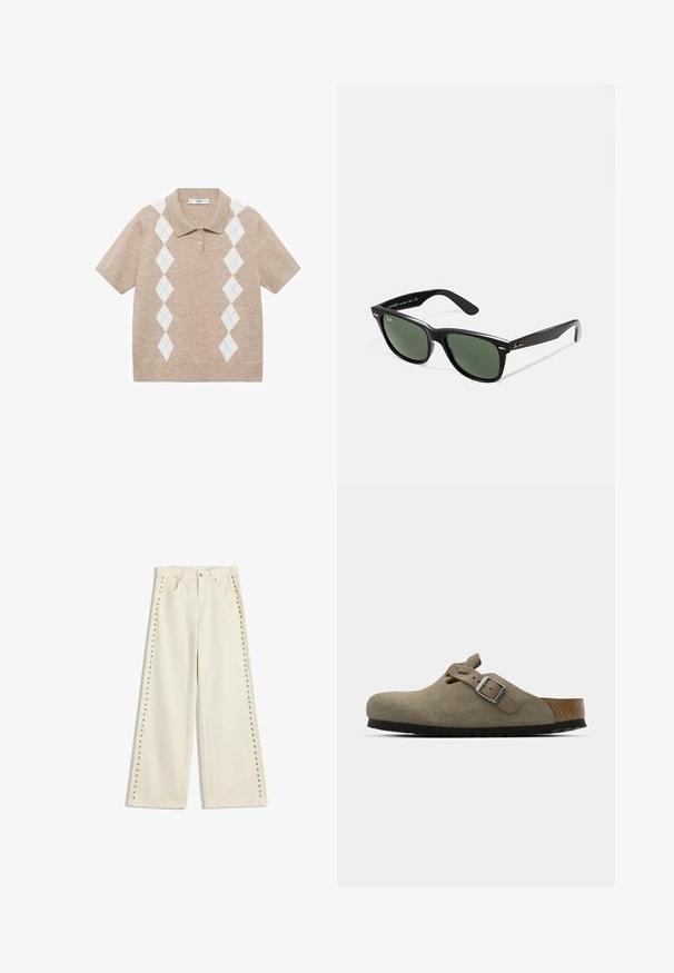 Béžová polokošeľa s krátkym rukávom z pleteniny s bielymi a svetlomodrými kosoštvorcovými vzormi na prednej strane a dvoma gombíkmi pri golieri.; Svetlé krémové nohavice so širokými nohavicami, ktoré majú kovové cvoky pozdĺž vonkajších švov, päť vreciek a klasické zapínanie na gombík.; Semšové dreváky v svetlej olivovej farbe s tvarovanou korkovo-gumenou podrážkou. Obsahujú bočný remienok s kovovou prackou a zaoblenú špičku.; Čierne plastové slnečné okuliare so zelenými šošovkami, štvorcové rámy, strieborný akcent na obočí a textúrované ramenné opierky. Brand uvedený na vnútornej strane ramien.