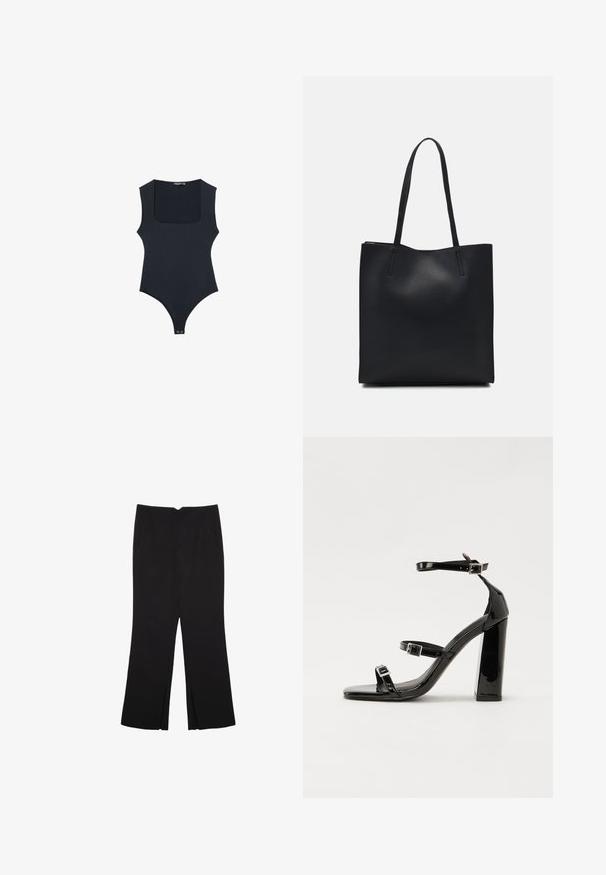 Body nero con scollatura quadrata, design senza maniche e retro a perizoma. Realizzato in tessuto liscio ed elastico. Presenta una chiusura a pressione nella parte inferiore.; Pantaloni neri a gamba dritta, con tasche frontali e spacchi laterali all'orlo. Realizzati in tessuto morbido e liscio. Adatti a diverse occasioni.; Sandali con tacco in vernice nera, con punta squadrata, cinturini alla caviglia e fibbie in argento. Presentano un tacco a blocco spesso per maggiore stabilità.; Borsa tote in pelle nera con texture liscia, forma rettangolare e due manici lunghi. Nessun hardware o decorazione visibile.