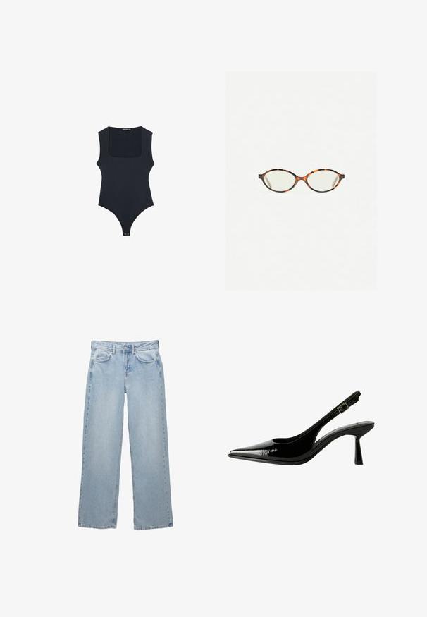Czarny body z kwadratowym dekoltem, bez rękawów, z tyłem typu thong. Wykonane z gładkiego, elastycznego materiału. Posiada zapięcie na zatrzask na dole.; Jasnoniebieskie dżinsy wykonane z denimu o szerokich nogawkach, z zapięciem na guzik i zamek, pięcioma kieszeniami i minimalistycznymi detalami szycia.; Czarne lakierowane pantofle na obcasie typu slingback z ostrym noskiem, wyciętymi bokami, regulowanym paskiem na kostce i cienkim, smukłym obcasem.; Okulary w kolorze tortoiseshell z owalnymi soczewkami i gładkim, eleganckim wykończeniem. Posiadają cienkie boki z delikatnym łukiem w okolicy skroni. Przezroczyste soczewki.; Czerwona skórzana torebka na ramię o zakrzywionym kształcie, gładkiej fakturze i zamek błyskawiczny. Posiada cienką rączkę do noszenia.