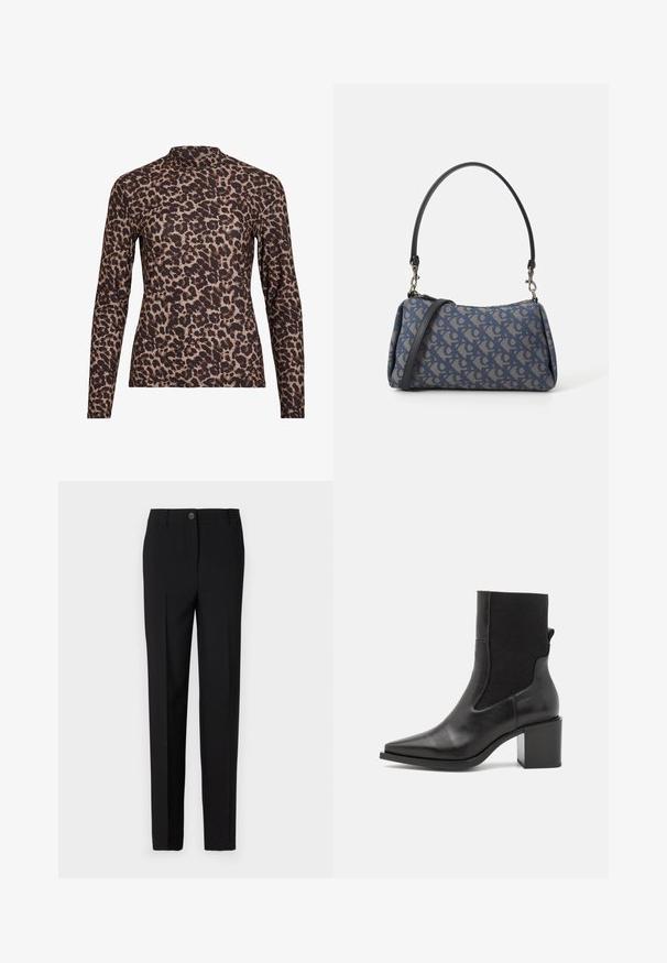 Bluzka z długim rękawem w panterkę z wysokim dekoltem, wykonana z elastycznego materiału. Posiada beżową bazę z brązowymi plamami. Gładka faktura, dopasowany krój.; Czarne dopasowane spodnie z prostymi nogawkami, z zapięciem na guzik i szlufkami na pasek, wykonane z gładkiego materiału.; Czarny botek za kostkę z zaostrzonym noskiem, wykonany z gładkiej skóry i elastycznego materiału. Posiada blokowy obcas i minimalistyczny design.; Niebieska torebka wzorzysta, wykonana z tkaniny, o zaokrąglonym kształcie, z czarnym skórzanym uchwytem i logo zaprojektowanym w jaśniejszym odcieniu.