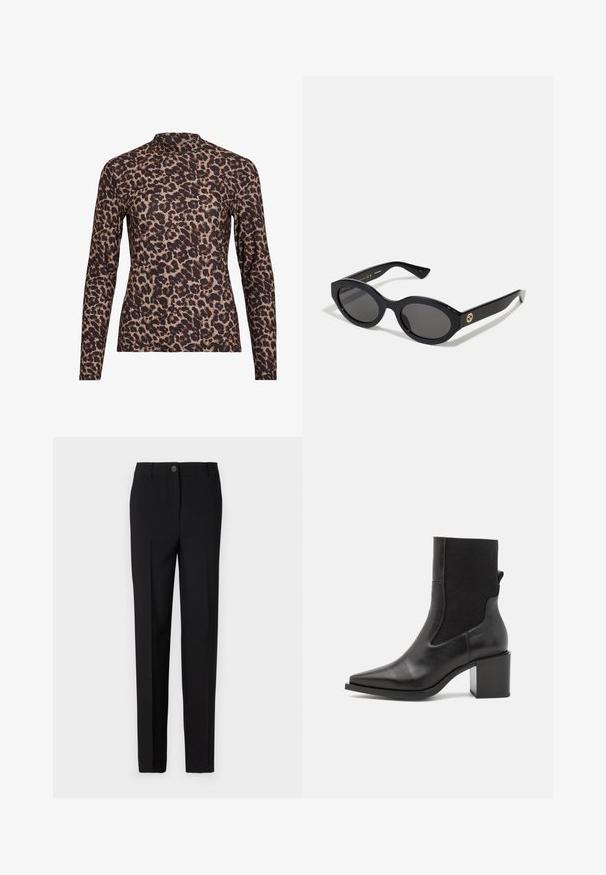 Leopard print long-sleeve top with a high neckline, made of stretchy fabric. Features a tan base with brown spots. Smooth texture, fitted design.; Black tailored trousers with a straight leg design, featuring a button fastening and belt loops, made from smooth fabric.; Black ankle boot with a pointed toe, made of smooth leather and elastic fabric. Features a block heel and minimalist design.; Black oval sunglasses with dark lenses and glossy plastic frame. Features gold logo on the temple, offering a sleek and modern design.