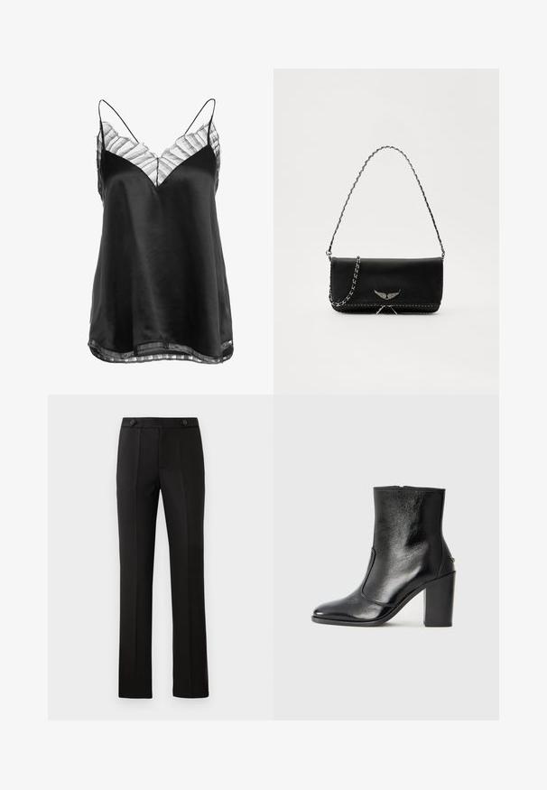 Mustmust mustrik, millel on V-kaelus ja õhuline triibuline pitsäär, mis kaunistab kaela ja hemliini, õhukeste reguleeritavate rihmadega.; Mustad kohandatud püksid sirge säärega, kahe esipocketiga, nup closure'iga ja volditud detailidega ees. Sile kangatekstuur.; Must kõvale nahast pahklipsu saapad, millel on sile tekstuur, terav varvas ja paks kõrge kann. Omab külgavatust ja minimalistlikku disaini.; Mustvalge nahk käekott hõbedase ahelsanga ja dekoratiivsete tiivaaktsentidega, samuti valgete õmblustega alumises ühenduses.