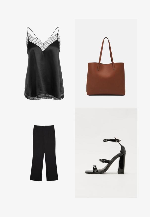 Svart satin camisole med V-ringning och genomskinlig randig spets i nederkant och längs halsringningen, med tunna justerbara axelband.; Svarta byxor med rak passform, utrustade med framfickor och sidoklyvningar vid fållen. Tillverkade av mjukt, slätt tyg. Lämpliga för olika tillfällen.; Svarta lackerade klacksandaler med fyrkantig tå, ankelremmar och silverfärgade spännen. Har en kraftig blockklack för stabilitet.; Brun läder tote-väska med en slät textur, öppen toppdesign och två axelremmar. Har minimal söm och ingen synlig metalldetalj.