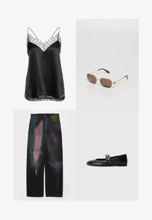 Schwarzes Satin-Camisole mit V-Ausschnitt und transparenter, gestreifter Spitzenverzierung an Ausschnitt und Saum, mit dünnen, verstellbaren Trägern.; MM6 Maison Margiela PANTS 5 POCKETS - Jeans Relaxed Fit - black; Schwarze Ballettflat mit spitzer Spitze, ausgestattet mit einem Riemen und einer runden, metallischen Schnalle sowie einer flachen Sohle.; Tory Burch Sonnenbrille - shiny gold-coloured; MM6 Maison Margiela JAPANESE CROSSBODY BAG - Handtasche - bracken