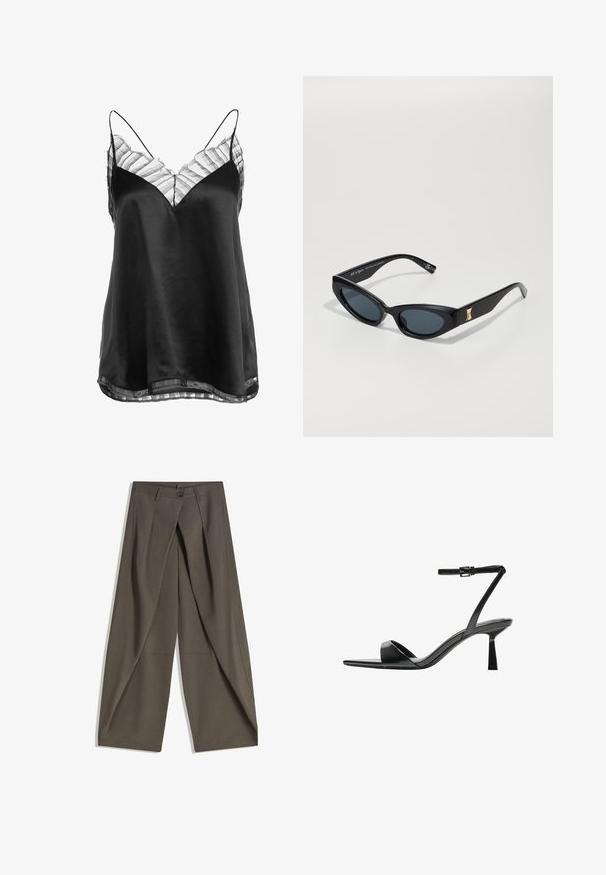 Sort satin camisole med V-udskæring og gennemsigtig stribet blondekant langs udskæringen og sømmen, med tynde justerbare stropper.; Vide bukser lavet af et struktureret, mørkegråt stof. Har en frontfald, knaplukning og sidelommer for praktisk anvendelse.; Bershka Højhælede sandaletter / Højhælede sandaler - black; Sorte solbriller med et slankt, vinklet design. De har mørke linser, en blank finish og en gylden detalje på stangen.