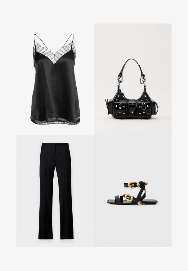 Melnas satīna topiņš ar V-veida kakla izgriezumu un caurspīdīgu svītru mežģīņu apdari ap kakla un apakšmalu, ar plānām regulējamām siksniņām.; Melni taisni bikses gludā audumā, ar plakanu priekšpusi, jostas cilpām un bez redzamām kabatām vai rotājumiem.; Melni ādas sandales ar zelta sprādzēm, ar vairākām siksnām un plakanu zoli, piemērotas valkāšanai ar atvērtu purngala.; Melnas ādas rokturmais ar izliekumu, ar sudraba iedurtiem, sprādzi un divām sānu kabatām. Regulējams siksniņas garums dažādām nēsāšanas iespējām.