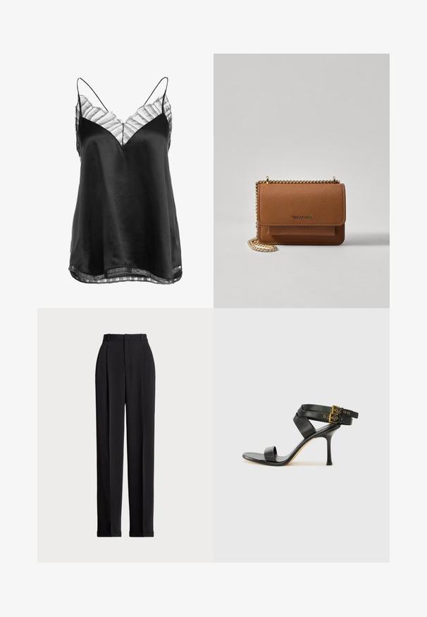 Camisola de cetim preta com decote em V e acabamento de renda riscada transparente ao longo do decote e da bainha, com alças finas ajustáveis.; Calças pretas ajustadas com uma cintura alta, apresentando pregas na frente, um design de perna reta e bainha com punho. Feitas de tecido suave.; Sandal preto de salto alto com tiras cruzadas e fivela ajustável. Apresenta uma textura suave e um salto agulha afilado.; Bolsa crossbody de couro texturizado castanho com alça de corrente dourada e fecho com aba. A parte da frente apresenta detalhe do logótipo e um bolso sob a aba.