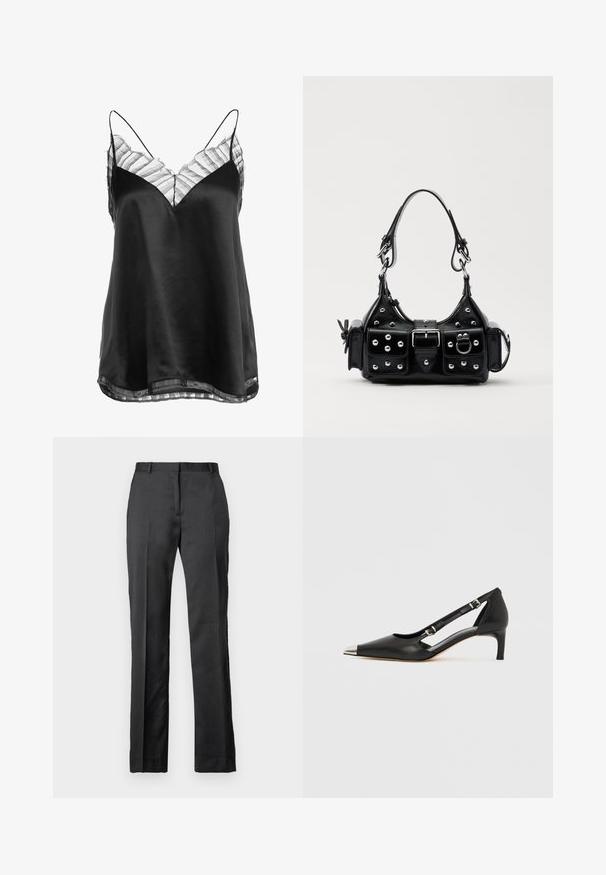 Mustmust mustrik, millel on V-kaelus ja õhuline triibuline pitsäär, mis kaunistab kaela ja hemliini, õhukeste reguleeritavate rihmadega.; Kohandatud mustaed püksid, mis on valmistatud siledast kangast. Omavad sirget säärt, lamedat esiosa ja peent voldi detaili.; Mustast nahast kassikontsaga king, millel on terava kujuga hõbedane nina ja topeltsõlmedega rihmad, valgel taustal.; Must värvi nahast käekott, millel on kaarjas disain, hõbedased nupukesed, kinnitusahe ja kaks külgtaskut. Reguleeritav rihm erinevate kandmisvõimaluste jaoks.