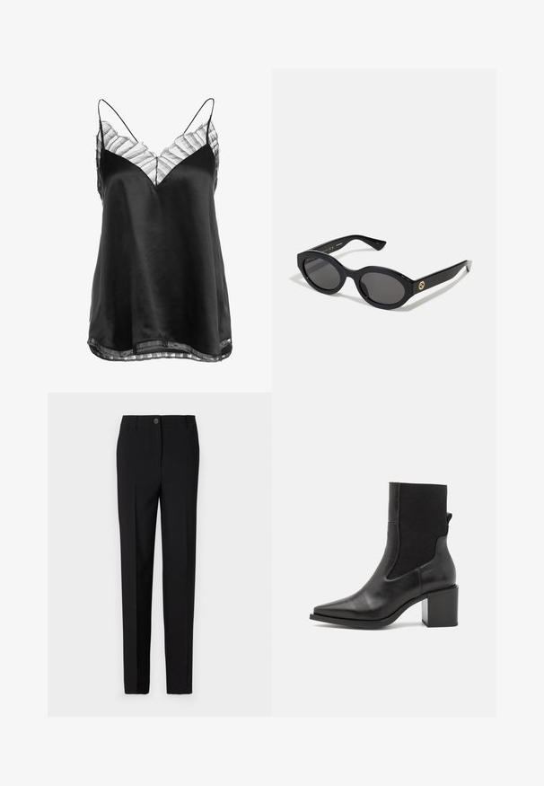 Sort satin camisole med V-udskæring og gennemsigtig stribet blondekant langs udskæringen og sømmen, med tynde justerbare stropper.; Sorte skræddersyede bukser med lige ben-design, der har en knaplukning og bæltestropper, lavet af glat stof.; Sort ankelstøvle med spids tå, lavet af glat læder og elastisk stof. Har en blokhæl og minimalistisk design.; Sorte ovale solbriller med mørke linser og blank plastramme. Har et guldlogo på stykket, hvilket giver et slankt og moderne design.; Blå mønstret håndtaske lavet af stof, med en buet form, sort læderrem og logodesign i en lysere skygge.