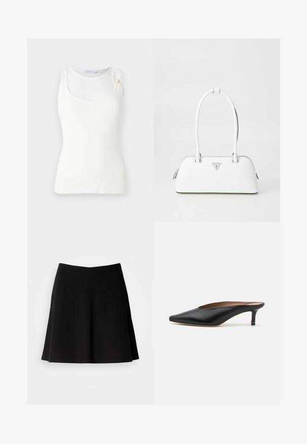 Witte geribde tanktop met een ronde halslijn, voorzien van dunne bandjes en een gouden accent op de linkerschouder. Gladde textuur.; Zwarte klokrok van zacht stof, met een strakke tailleband en naaddetails. Glad textuur met een eenvoudig, klassiek ontwerp.; Zwarte leren muiltjes met een puntige neus en een lage, blokhak. Glad oppervlak met een gestroomlijnd ontwerp. Open achterkant met minimale details.; Witte leren handtas met een gebogen vorm, voorzien van een zilveren driehoekig logo en ritssluiting. Gladde textuur en dubbele handvaten.