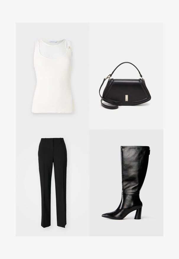 Weißes geripptes Tanktop mit rundem Ausschnitt, dünnen Trägern und einem goldenen Akzent an der linken Schulter. Sanfte Textur.; Schwarze, taillierte Hose mit geradem Bein, aus einem glatten Stoff und mit klaren Falten an der Vorderseite. Keine sichtbare Hardware.; Knöchelhohe schwarze Lederstiefel mit einer spitzen Zehe, glatter Oberfläche und einem klobigen Absatz. Verfügt über einen Reißverschluss hinten.; Schwarze Lederhandtasche mit einem strukturierten Design, das eine verkürzte Form, einen oberen Griff und goldfarbene Hardware-Details aufweist. Verstellbarer Schulterriemen ist enthalten.