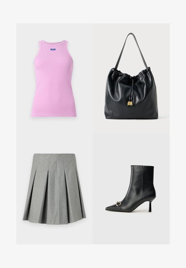 Rózsaszín bordás ujjatlan top kerek nyakkivágással és HUGO logós címkével. Feszes fazonú, puha anyagból készült.; Zúgott szürke szoknya strukturált anyagból, illeszkedő derékrésszel és bővülő szabással. Nincs látható szerelvény vagy dísz.; Fekete bőr bokacsizma hegyes orral, vékony közép magasságú sarokkal és ezüst csattal az oldalon, sima háttér előtt.; Fekete bőr húzózsinóros táska sima felülettel, összegyűjtött tetejével és diszkrét arany kiegészítőkkel. Egyetlen strapabíró pánttal és dombornyomott logóval rendelkezik.