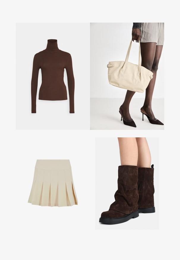 Pieces PCKITTE ROLLNECK - Pikkade varrukatega topp - chicory coffee; Beesilt plekkidega seelik, millel on sobiv vöökoht, valmistatud siledast kangast. Omab mitmeid vertikaalseid plekke ja sirget äärt.; Pruunid sametist keskmise pikkusega saapad mustade kummist talladega, kantud paljaste jalgadega, saapaste varsi peal on nähtavad kerged kortsud.; Beež kott sileda nahaprindiga, struktureeritud kuju, kahe sangaga ning külgmiste nööpdetailidega. Sobitatud elegantsete mustade kõrgete kontsadega.; Kreemjas pehmendusega peapael, millel on keerutatud disain, koos beeži ja valge triibulise särgiga, millel on ümar kaelus. Diskreetne ehtedisain.