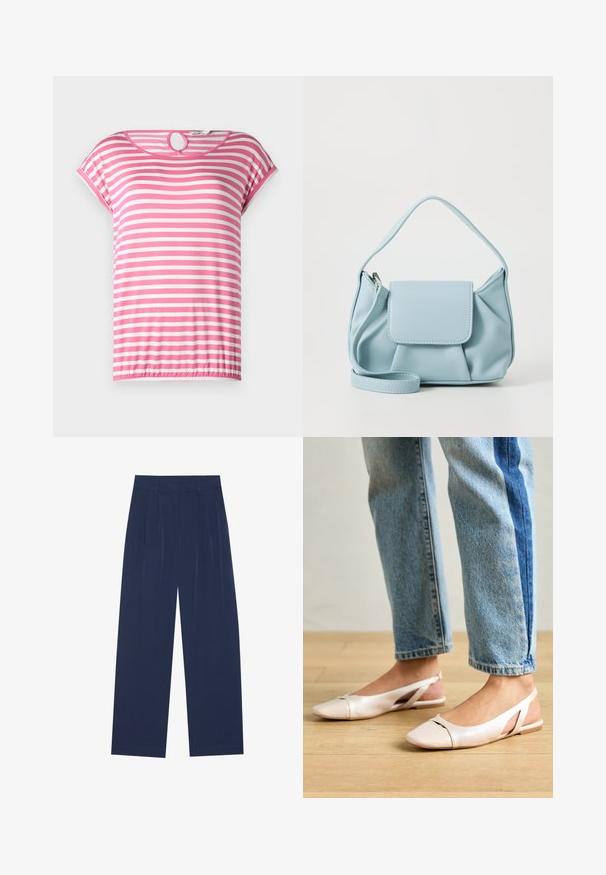 T-shirt de mangas curtas, com riscas rosa e brancas, com decote redondo e abertura em forma de buraco na parte de trás. Tecido suave e bainha elástica.; Calças largas azul-marinho feitas de um tecido suave, com plissados frontais, uma textura lisa e um corte recto sem bolsos visíveis.; Sapatilhas slingback de cor rosa pálido com bico fino, feitas de um material semelhante a couro liso. Apresentam detalhes recortados nas laterais e um salto plano.; Bolsa de mão de couro azul claro com alça superior, bolso frontal com aba e alça de pulso destacável, em fundo branco.