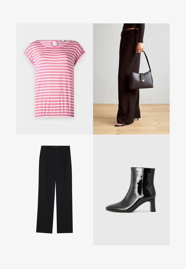 Růžová a bílá pruhovaná krátká rukávová blůza s kulatým výstřihem a klíčovou dírou na zadní straně. Měkká tkanina a elastický lem.; Černé kalhoty se střihem rovného nohavice, které mají dvě přední kapsy a pas. Vyrobené z hladkého, lehkého materiálu.; Černé lakované kotníkové boty s špičatou špičkou a středně vysokým blokovým podpatkem. Hladká textura a minimalistický design.; Černá kabelka se strukturovaným tvarem, hladkým povrchem a kovovým uzávěrem. Kombinována s širokými černými kalhotami a sandály s otevřenou špičkou na dřevěné podlaze.